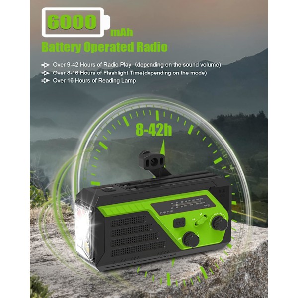 6000mAh Vev Radio, Nödradio, Handvevradio med 4 Inbyggda Kablar, AM/FM Radio