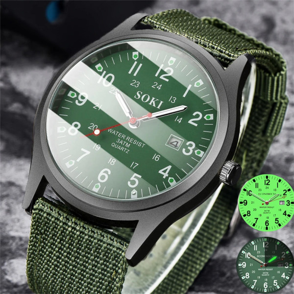 Fashion Herrklockor Luminous Visande Klocka Lyx Militär Sport Datum Kvarts Armbandsur Herr Casual Nylon Klocka Masculino black silver