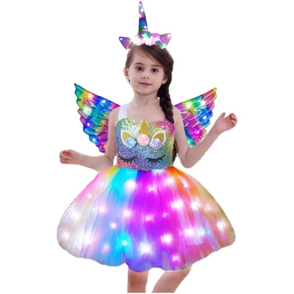 Unicorn kjole for jenter, Unicorn kostymer LED-opplyste TuTu-kjole med pannebånd Regnbue