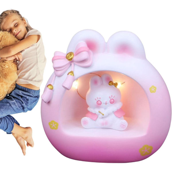 Sød lyserød kanin natlys, bue dyresenglampe | Piger varmt gult lys børneværelse harpikslampe kawaii kanin skrivebordsdekoration til hjemmet pink 1pc