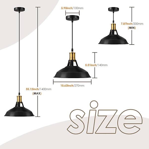 Sæt med 2 industrielle pendler, E27 vintage loftslampe i metal