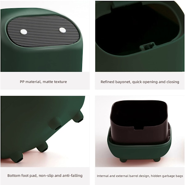 Liten papperskorg, söt Ninja Press skrivbordsbehållare med lock Green