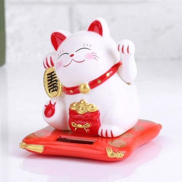 Fortune Lucky Wealth Welcoming Cat Solar Powered Cute Cat with Waving Arm Home Display Car Decoration Maneki Neko (White)