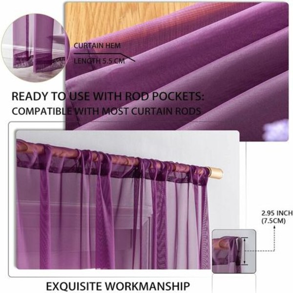 Voile Curtain Purple 140x160cm Soft Short Curtain Rod Pocket Ready to Hang Semi-Sheer Indoor Voile Curtain Set of 2 Cu