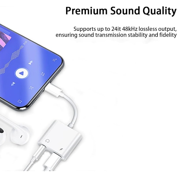 2-pak Lightning til 3,5 mm hodetelefonkontakt-adapter for iPhone Dongle 2-i-1 lader og aux-lydsplitteradapter, hvit