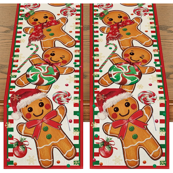 Gingerbread Candy Cane 2PCS Christmas Table Runner, Seasonal Winter Kitchen Dining Table Decoration for Home Party Decor 13x72 Inch