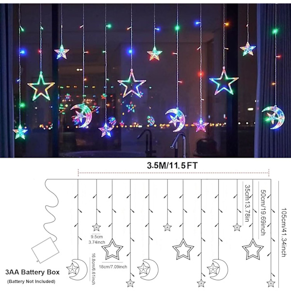 Gardiner Ljus Ramadan Fönsterljus Dekorationer Inomhus, 138 LED Stjärna Måne Fairy Lights