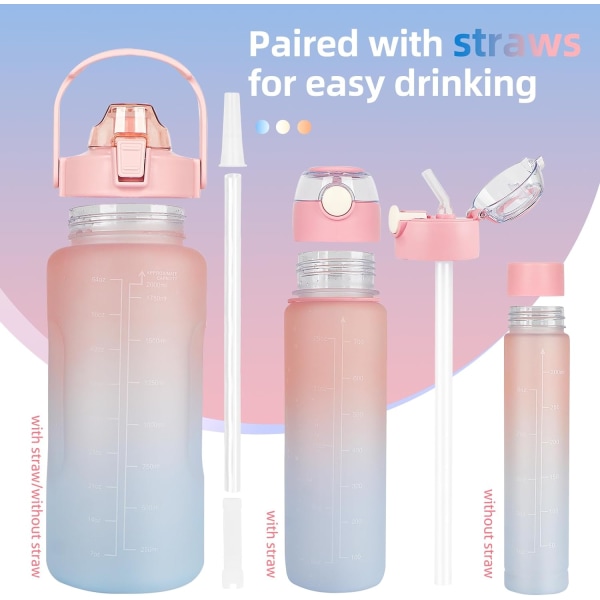 3-pak vandflasker, 2L+900ML+500ML vandflaske, motiverende, lækagesikker, opvaskemaskinesikker, løbesportsvandflaske med sugerør og tidsstempel