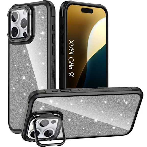 Etui til iPhone 16 Pro Max, transparent glitter Stødsikker beskyttelse med kamera beskyttelse - sort