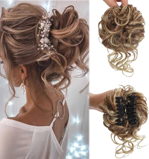 Krøllete Clip-In Hårforlengelse med Kloklemme - Rask Stil Bun - 12 x 8 x 5 cm - Blond