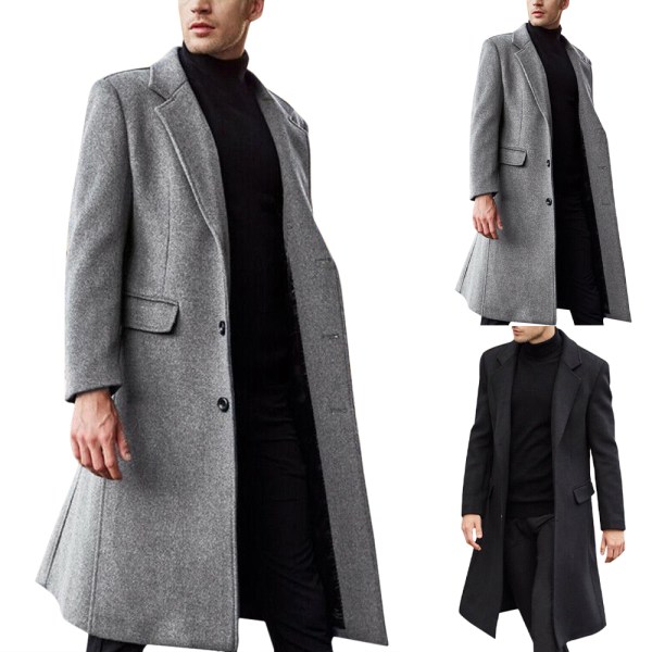 Herrejakke lang trenchcoat mænd Trenchcoat enkeltradet sort Black L