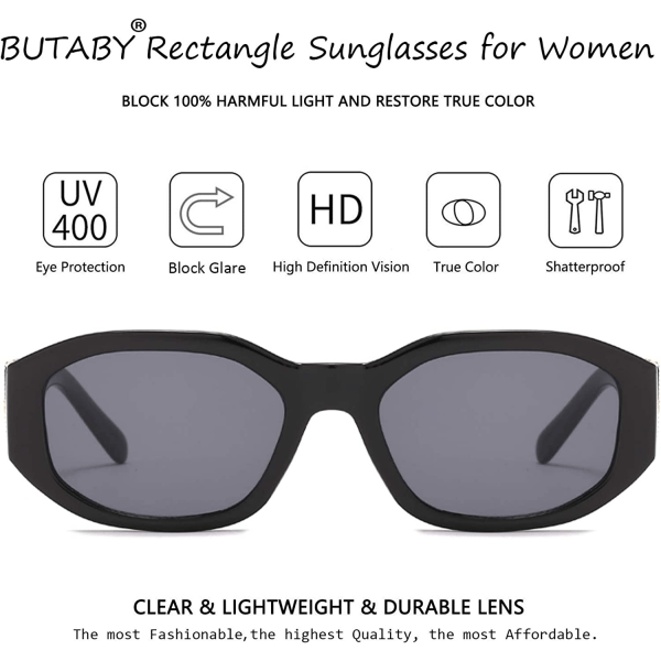 BUTABY rektangel solbriller til kvinder Retro kørebriller 90'er vintage mode uregelmæssigt stel UV400 beskyttelse