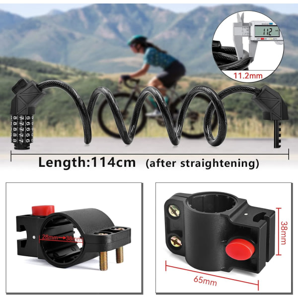 Sykkellåskombinasjon med 5-sifret kode, sykkellås høysikkerhet 114cm/11,2mm sykkellås, sykkellås for utendørs sykkel (svart)