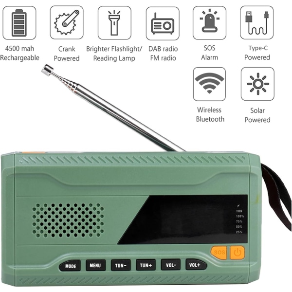 Håndsveivgenerator DAB/FM Bluetooth Radio Nødradio Håndsveiv Solcelledrevet Radio