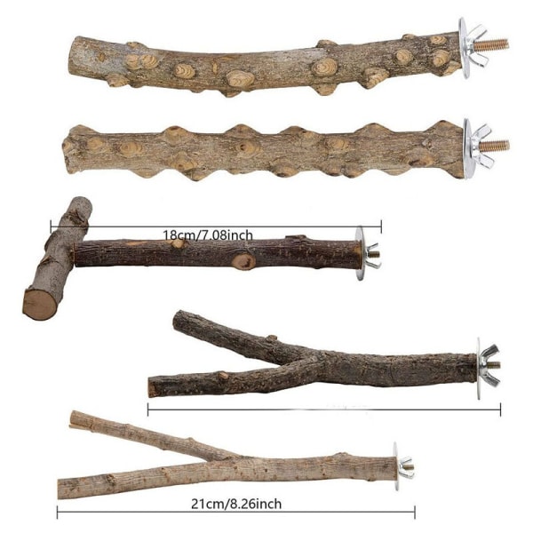 Set med 5 sittpinnar i naturträ för fåglar, sittpinnar i naturträ, fågeltillbehör, parakiter, fågelleksaker, stående klättrare, fågelbur