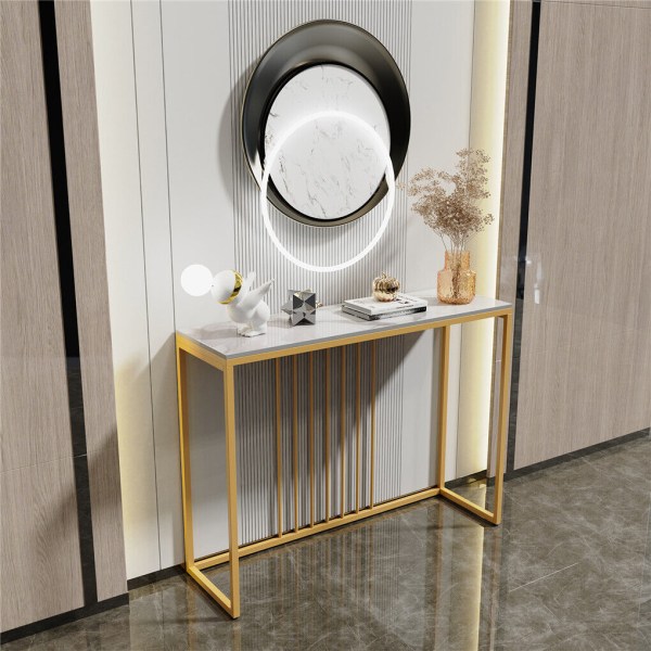 Wisfor Slim avlastningsbord, konsollbord, sidebord, sofabord, marmorbord, hallmøbler, hvit, 100×30×79 cm gold marble