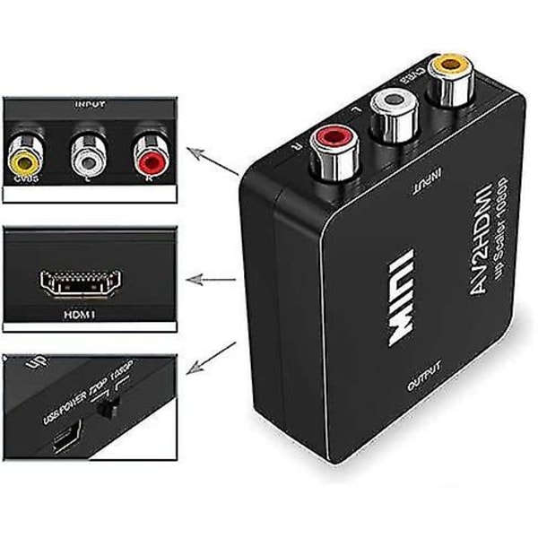 Rca til Hdmi-adapter, 1080p Av Hdmi-adapter, Rca Composite Cvbs Av til Hdmi Video Audio Converter. For Ps2/ Wii/xbox/snes/ N64/ Vhs/vcr Videoopptaker D