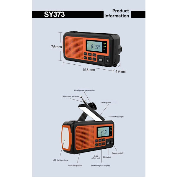 Digital väderradio solradio bärbar SOS överlevnadsradio 4000mAh