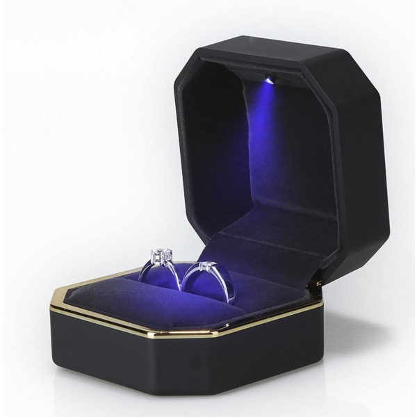 Lyxig ringlåda, fyrkantig case Smyckespresentask med LED-ljus för bröllopsförlovning, svart