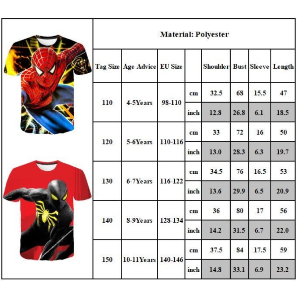 Spider-Man lyhythihainen T-paita pojille ja tytöille Casual Top T-paita E E 110 cm