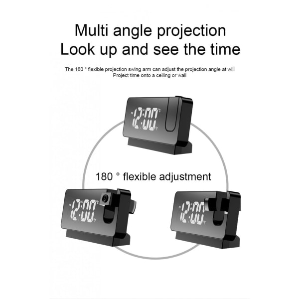 Väckarklocka med projektor - LED stor skärm smart väckarklocka - Temperatur och fuktighetsprojektion liten väckarklocka