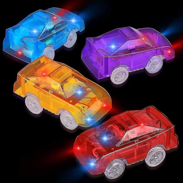 4-pakkaiset vaihtorata-autot valaisevat lelu-kilpa-autoja viidellä vilkkuvalla LEDillä