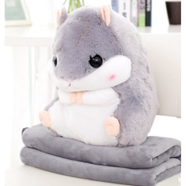 2 i 1 Plysch Hamster med Filt Söt Hamster Mjuk Kudde för Pojkar och Flickor (Grå)