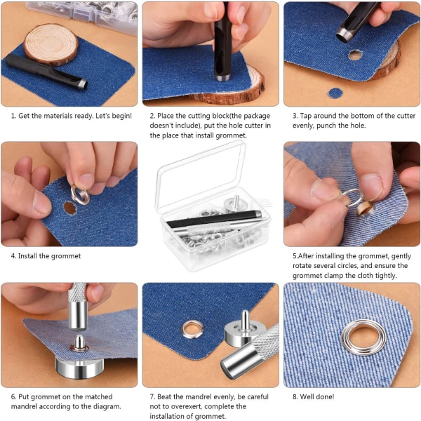 Grommet Eyelets Tool Kit, Embossing Setting Tool og 100 sett med øyeløkker med oppbevaringsboks (1/4 tommers indre diameter)