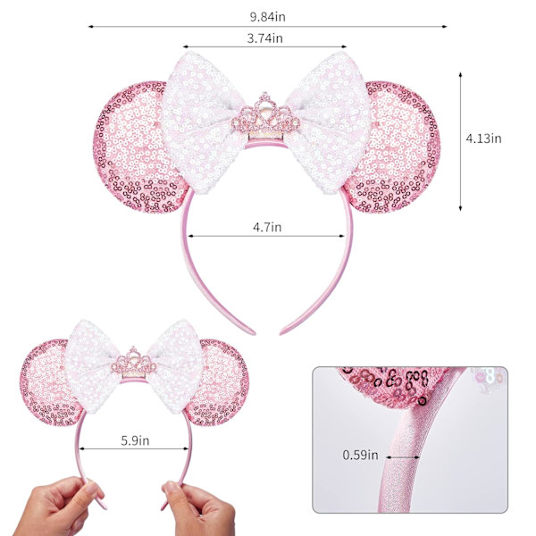Mickey Mouse-ører, paljettbesatte Mickey Mouse-ører pannebånd for gutter og jenter Halloween og Disney-tur (rosa krone)