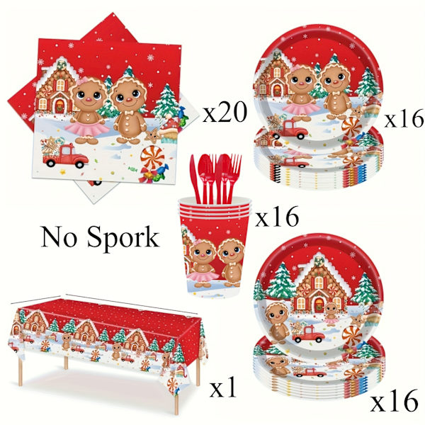 Piparkakkujoulujuhlat - 69 osan setti paperilautasia, -liinoja, -mukija ja pöytäliinaa 16 vieraalle - Täydelliset juhlatarvikkeet jouluun gingerbread man paper plate 69pcs