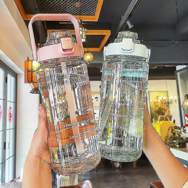 2l Bärbara vattenflaskor med stor kapacitet Fitness med tidsmarkör Rosa