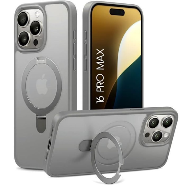 Fodral för iPhone 16 Pro Max, hårt stötsäkert skydd med roterande magnetisk ringhållare - grå