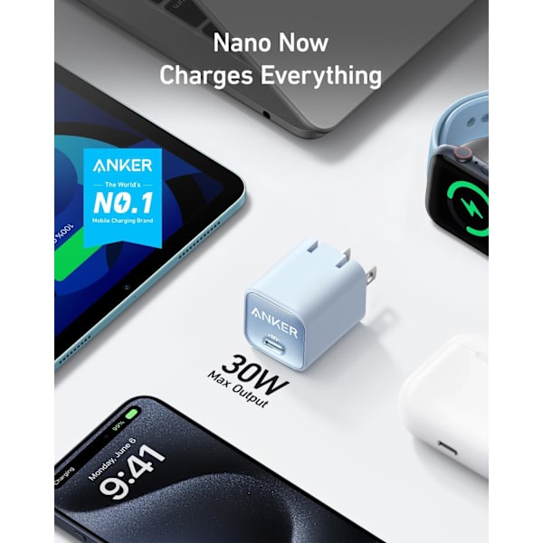 Oplader, USB C GaN Oplader 30W, PIQ 3.0 Foldbar PPS Hurtiglader til iPhone 16 / 15 og flere serier, Galaxy, iPad, Kompatibel med MagSafe (blå) blue