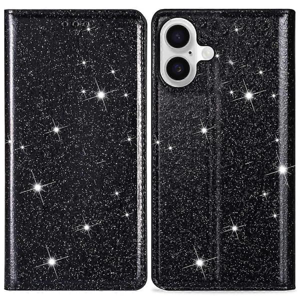 Glittery PU læder + TPU kortholder telefoncover til iPhone 16 Plus - Grå Multicolor Black