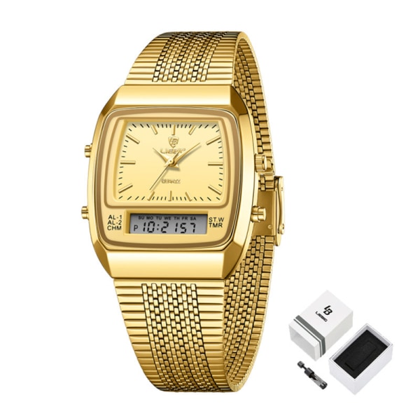 Ny mote Casual klokke for menn Digital Dual Time Week Gold Sport 3bar vanntett kvarts armbåndsur klokke relogio masculino L1030 gold with box