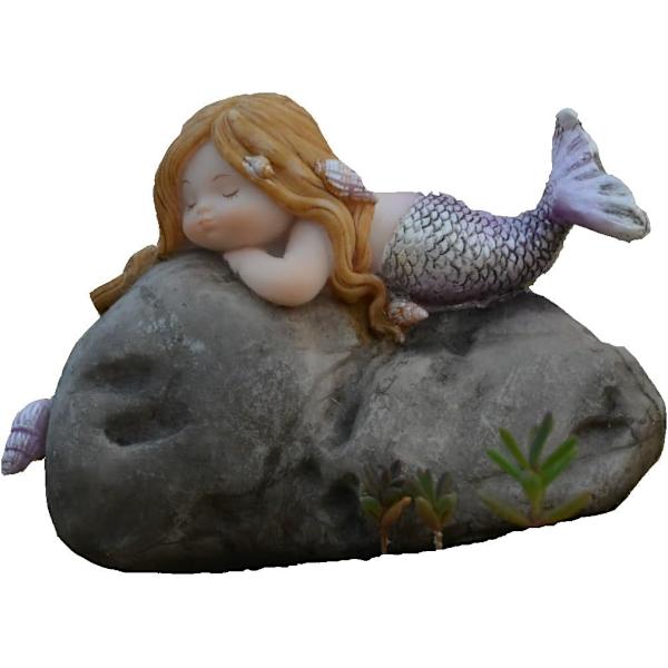 Miniatyrträdgård Sjöjungfru Fairy Statyer - Dröm Sjöjungfru Dreaming Mermaid on Rock