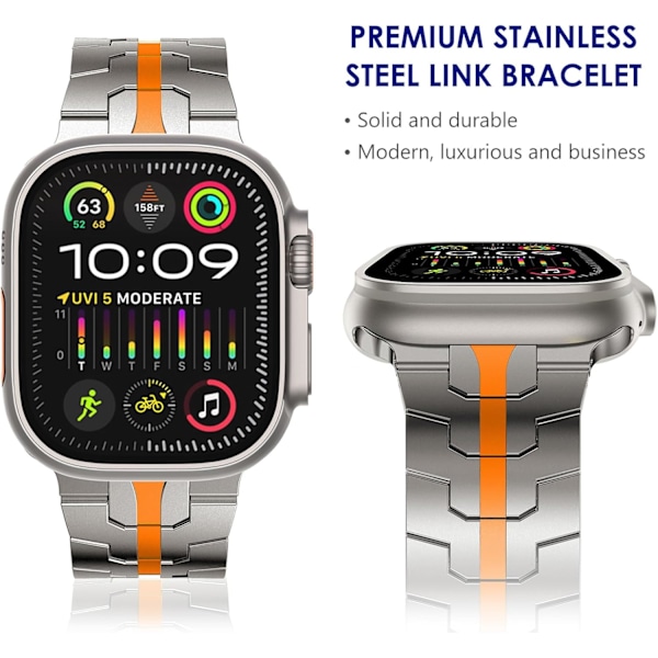 Apple Watch Ultra -ranneke miehille 49mm 45mm 44mm 42mm Miesten sarjan metalliranneke iWatchille Ruostumattomasta teräksestä valmistettu ranneke Hopea/Oranssi Silver/Orange 42/44/45/49mm