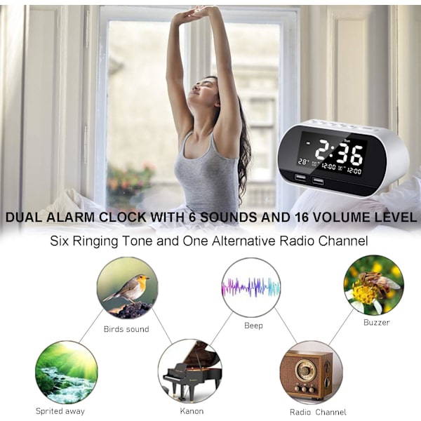 Klockradio med FM-radio, digital väckarklocka, dubbla alarm,