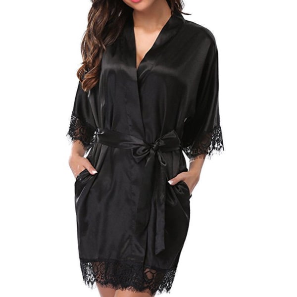 Damunderkjole Robe, Satin Nattøj Blonde Kimono Sexede Silkekjoler Sort Black M