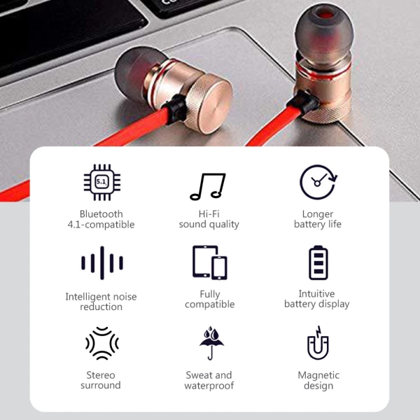Bluetooth Headphone Magnetic Sports 4.1 Trådlöst handsfree headset Halsband Hörlurar Stereo hörlurar för iPhone Android Gold