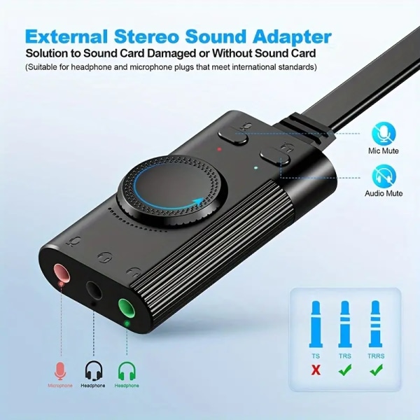 USB Lydadapter, USB Lydkort, Eksternt Lydkort med Lydstyrke Kontrol