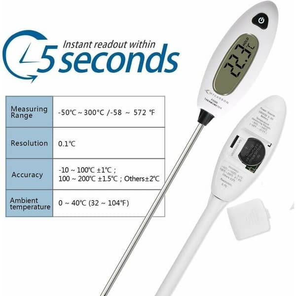 Digital kökstermometer med lång sond, 5 sekunders snabbavläsning, stor LCD-display, köttermometer, grillning, bakning, badvatten