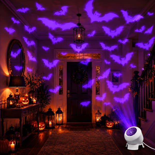 Dynamisk fladdermusprojektorlampa USB-driven 360 roterbar projicerar lila fladdermusväggmönster för sovrum vardagsrum skräckfester Halloween-dekor Bat