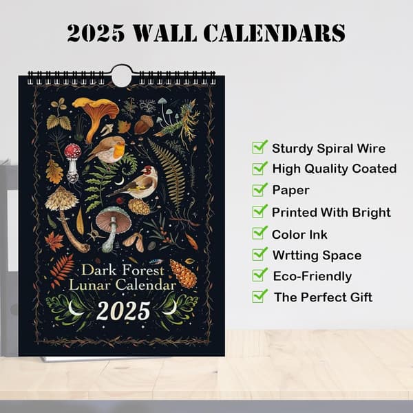 2025 Månadskalender 12 Sidor Mörkt Skogstema 21x28cm Väggplanerare Organizer