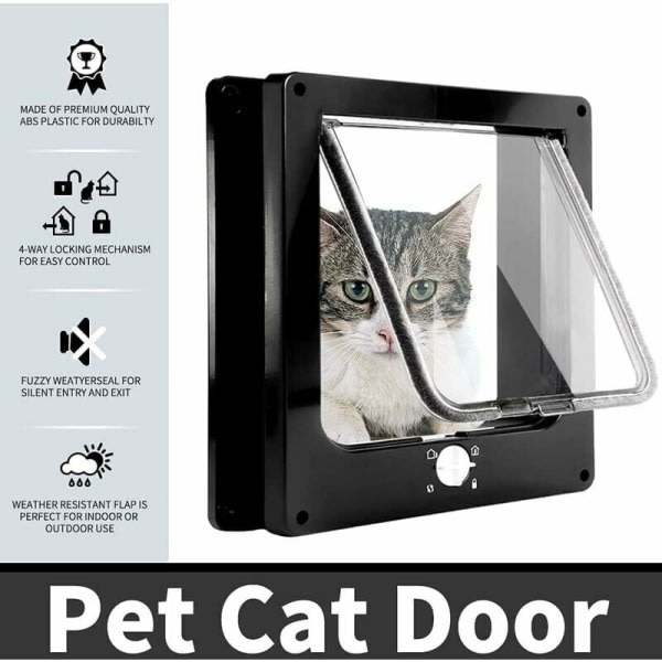 Magnetisk 4-vägs kattlucka Enkel installation kattlucka för alla husdjur Manuell husdjursskjutdörr på vägg/trä/UPVC-dörr (svart, medium)