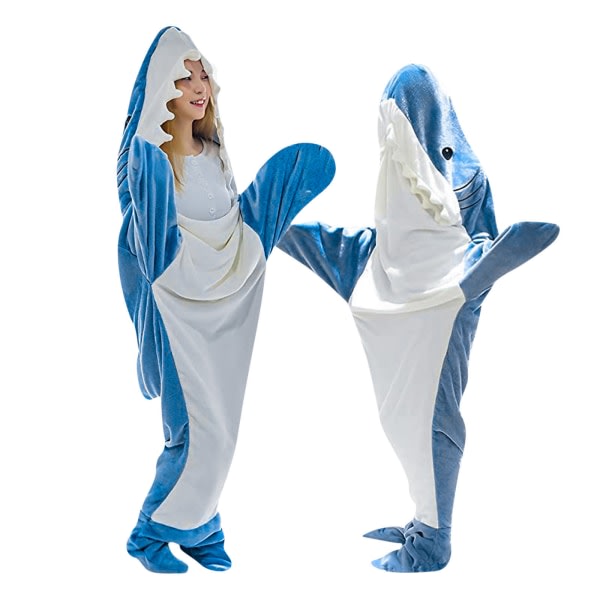 Haiteppe for voksne supermyk plysj hettegenser sovepose pyjamas blå og hvit farge blå og hvit farge M