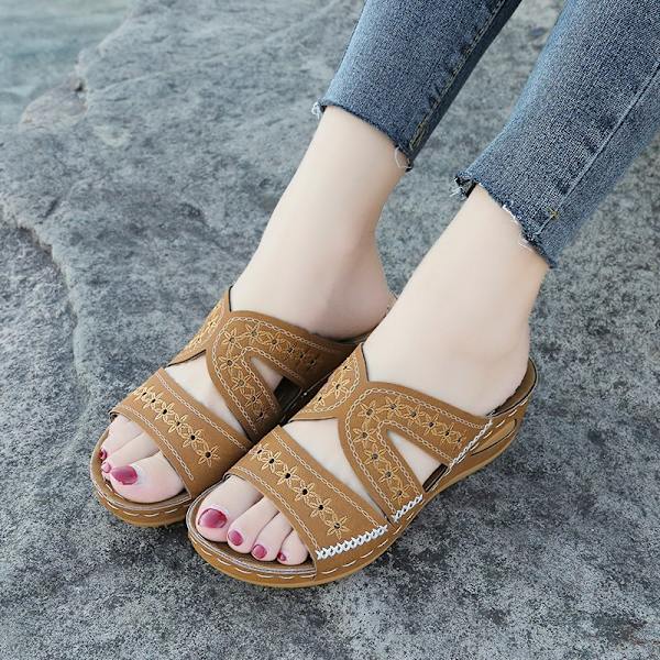 Letvægts Læder Flip Flop Sandaler til Udendørs Sport - Åben Rund Tå med Tyk Sål