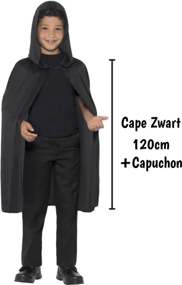 Sort kappe med hætte - 120 cm karnevalskostume til voksne og børn Zwart S