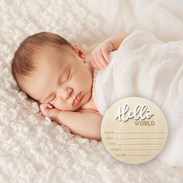 Nyfödd Ankomstskylt, 15 cm Trä Hello World Skyltar Baby Välkomstskylt, Hello World Barnrumsinredning Skylt för Baby, Nyfödda Pojkar och Flickor Gåva