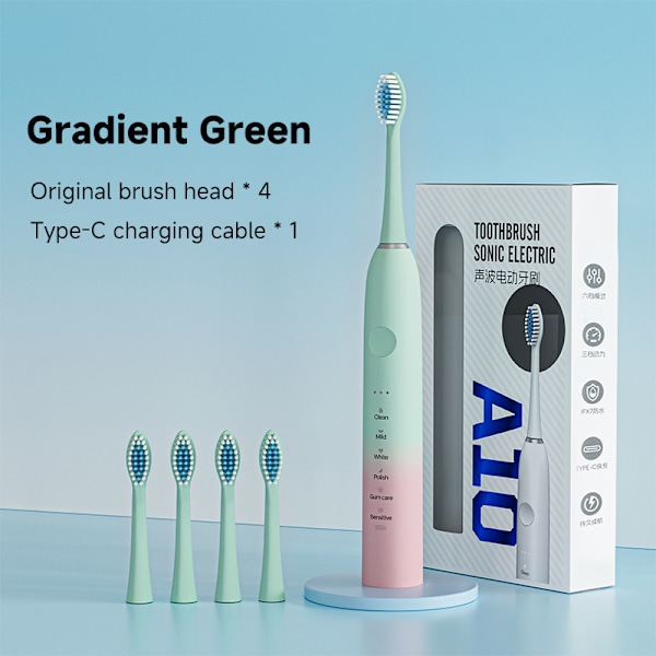 Vattentät Portabel Sonisk Elektrisk Tandborste med 4 Borsthuvuden och 18 Lägen (Gradient Grön) Gradient Green